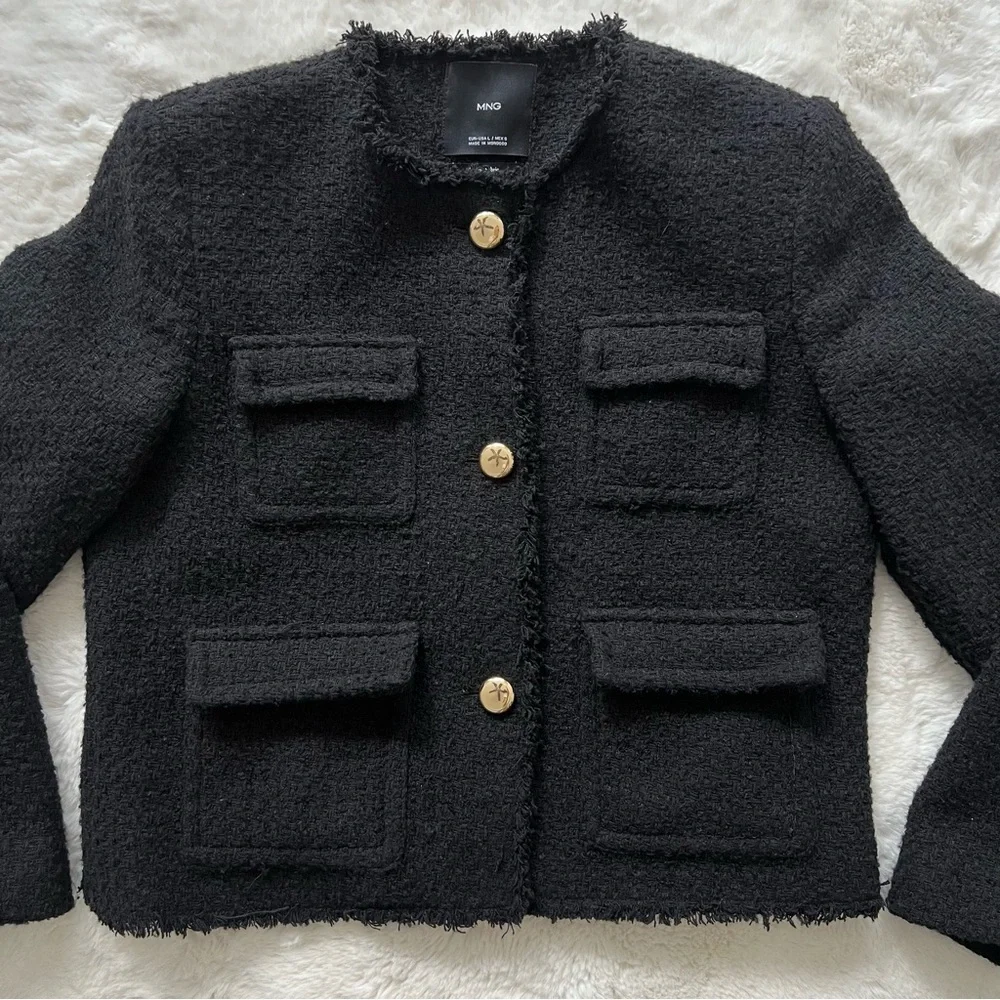 Mango Tweed Jacket Blazer with Fried Ends sz Large_6